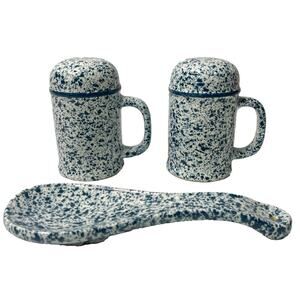 Vintage Blue and White Speckled Salt and Pepper Shaker Spoon Rest Set of 3